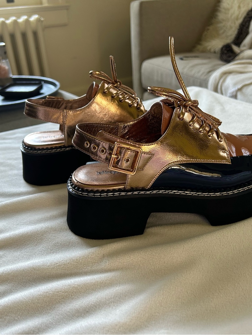 Jeffrey Campbell Rose Gold, Navy & Tan Patent Slingback Lace-Up Mules - Picture 7 of 10